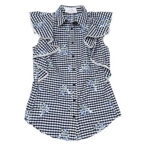 Pearl by Lela Rose Top Size Small Blue Gingham Poplin Flutter Floral Cottagecore